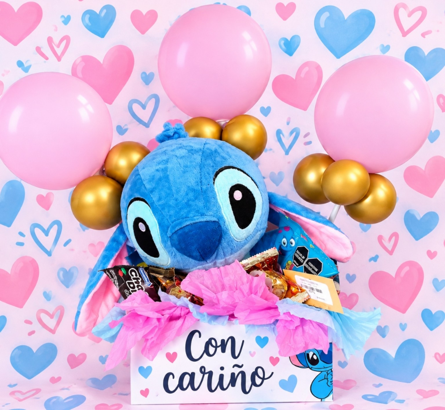 Ancheta Con cariño con Stitch, dulces y globos rosados