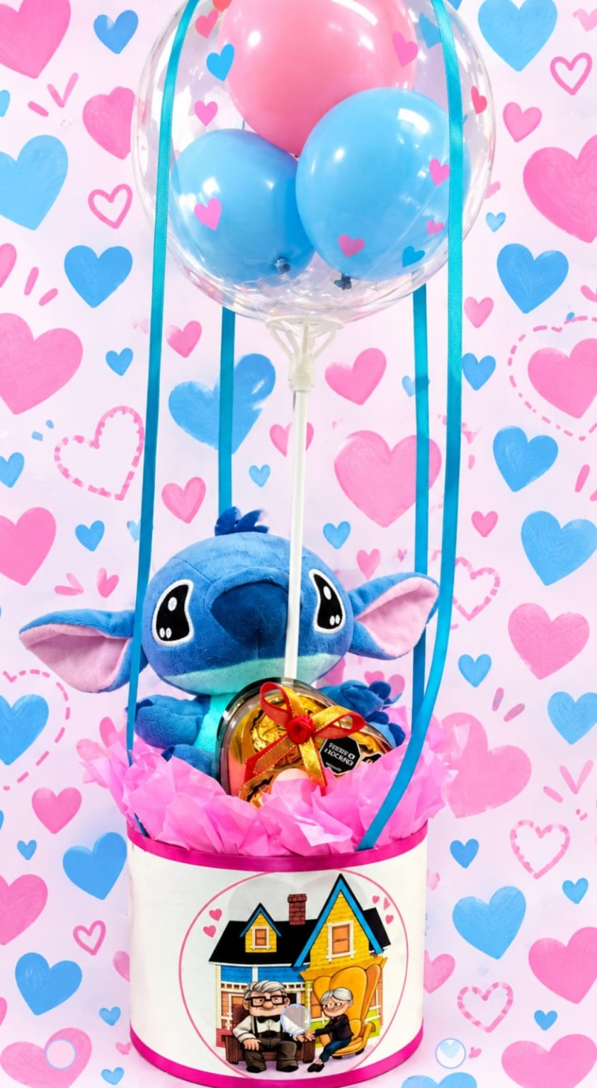 Ancheta con peluche Stitch y globo transparente en tonos rosa y azul