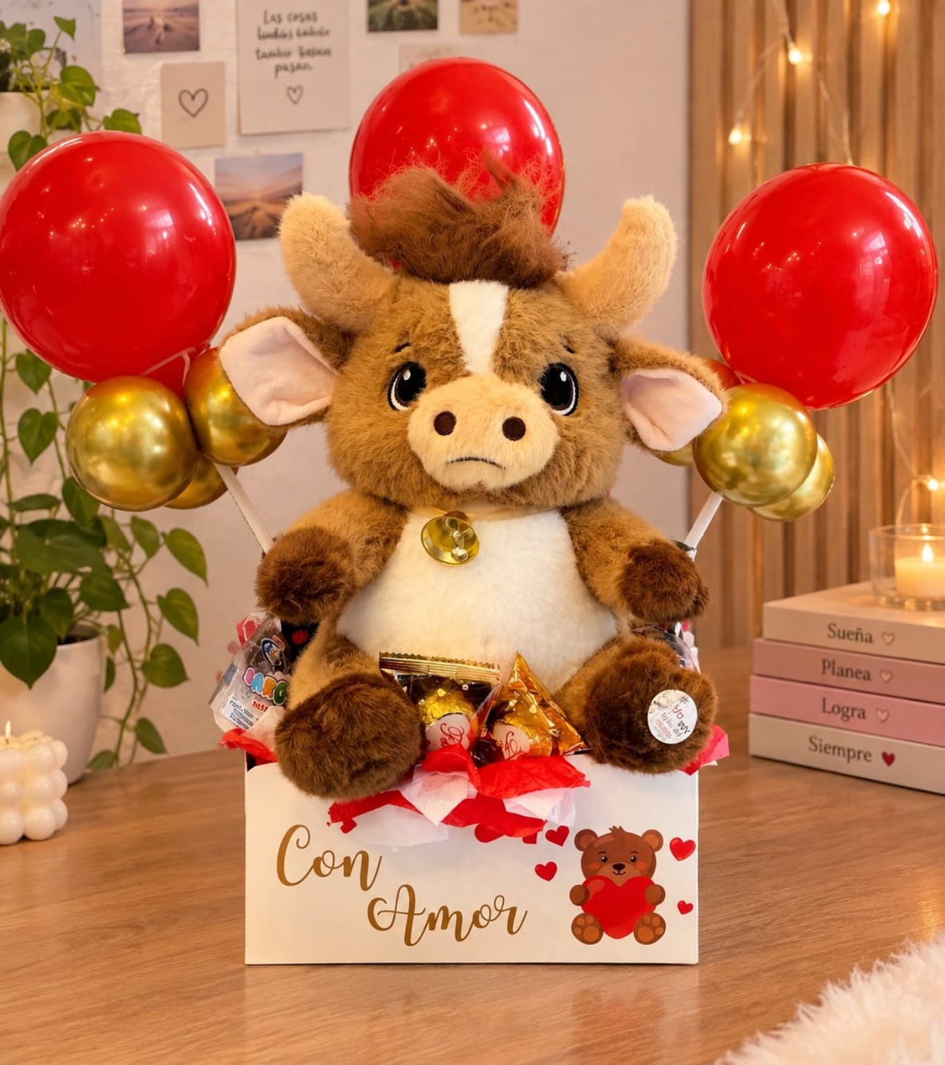 Ancheta con peluche de torito, dulces y globos rojos
