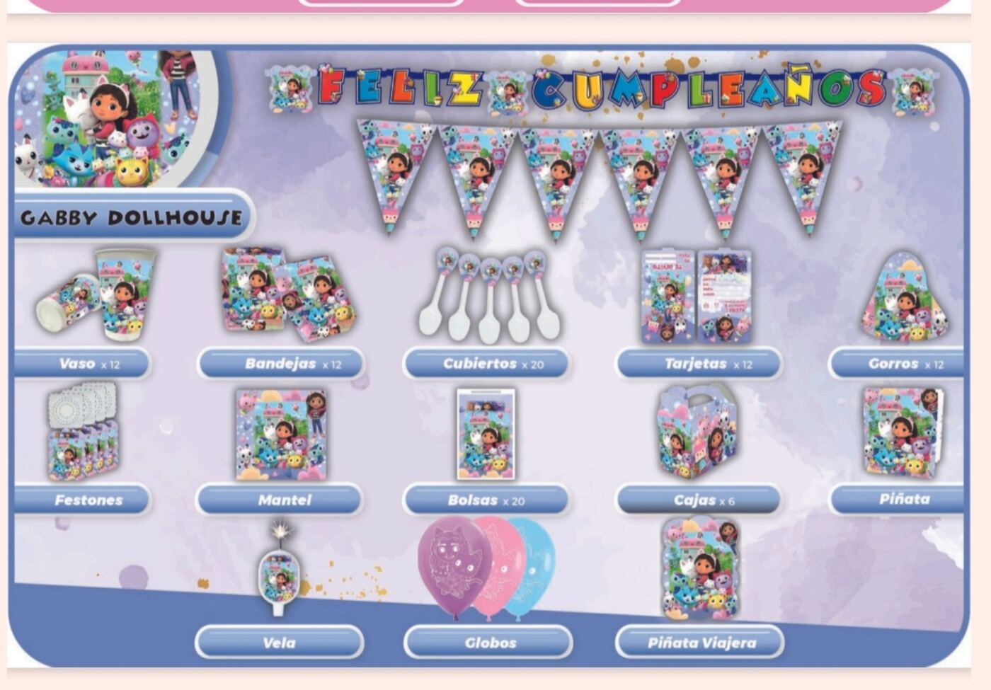 Decoración temática de Gabby para fiesta infantil