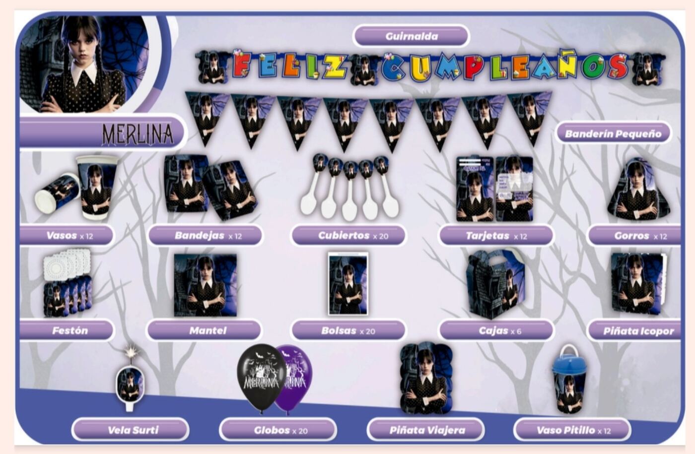 Decoración temática de Merlina para cumpleaños